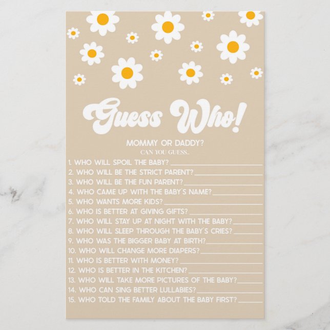 Brown Retro Daisy Guess Who! Baby Shower Game Stationery (Front)