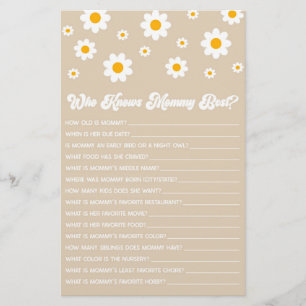 Brown Retro Daisy Who Knows Mommy Baby Shower Game Stationery