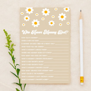 Brown Retro Daisy Who Knows Mommy Baby Shower Game Stationery