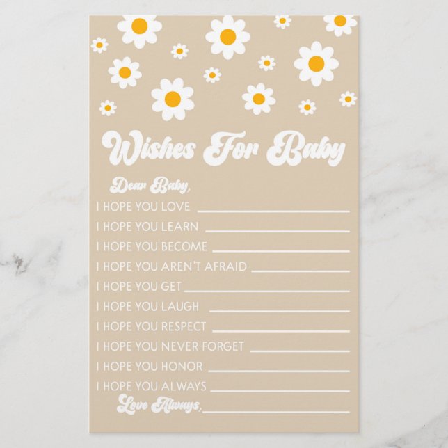 Brown Retro Daisy Wishes For Baby Shower Activity Stationery (Front)