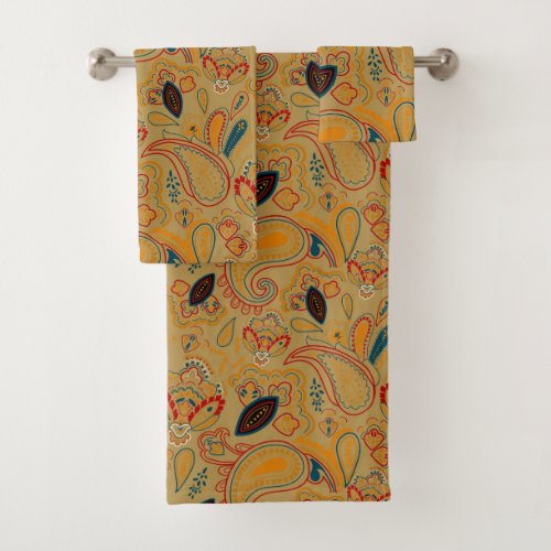 brown retro ethnic vintage paisley floral pattern bath towel set