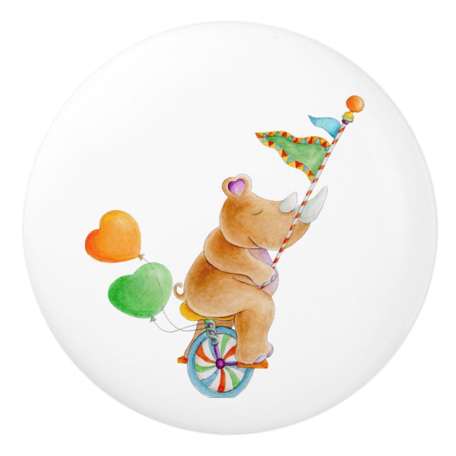Brown rhino whimsy watercolor circus doorknob ceramic knob (Front)