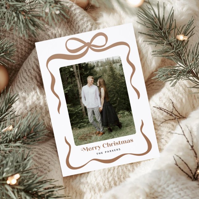 Brown Ribbon Gift Bow Merry Christmas Photo Letterpress Photo Cards (Creator Uploaded)