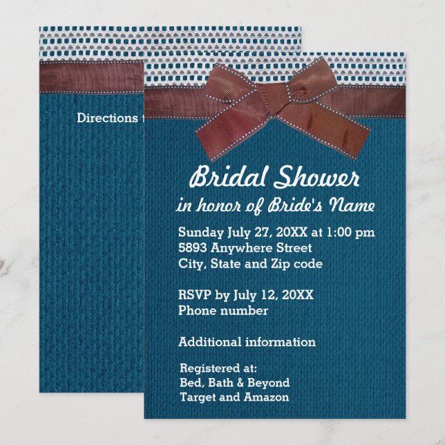 Brown Ribbon, Lace, Blue Burlap Bridal Shower Inv Invitation (Front/Back)
