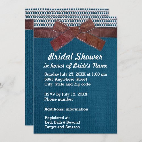 Brown Ribbon Lace Blue Burlap Bridal Shower Inv Invitation