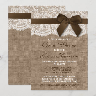 Brown Ribbon On Burlap & Lace Bridal Shower Invitation