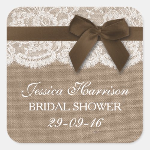 Brown Ribbon On Burlap  Lace Bridal Shower Square Sticker