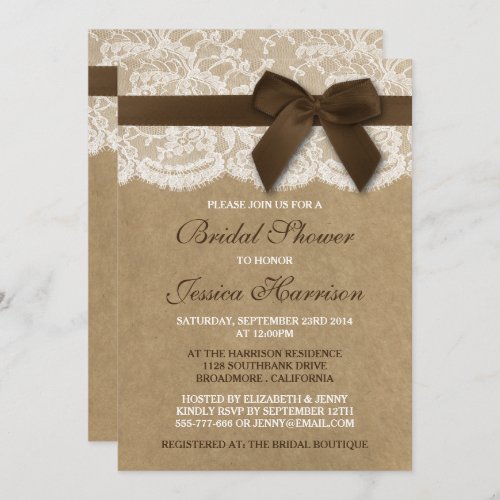 Brown Ribbon On Kraft  Lace Bridal Shower Invitation