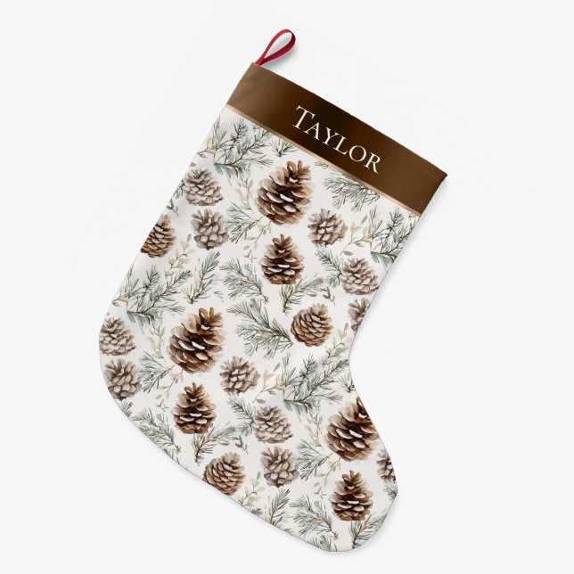 Brown Ribbon Silver Christmas Pine Cones Large Christmas Stocking (Front (Hanging))
