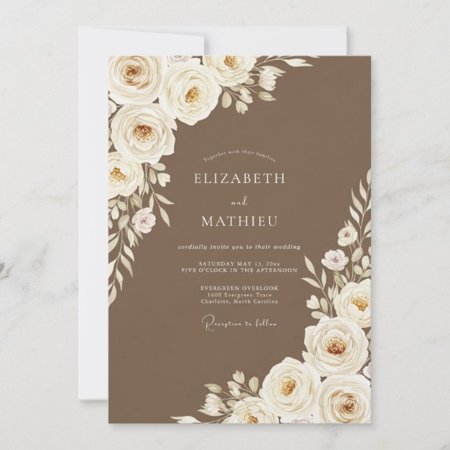 Brown Romantic Floral Wedding Invitation (Front)
