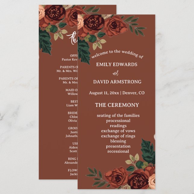 Brown Romantic Garden Floral  Wedding Program (Front/Back)