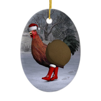 Brown Rooster Santa Claus Ceramic Ornament