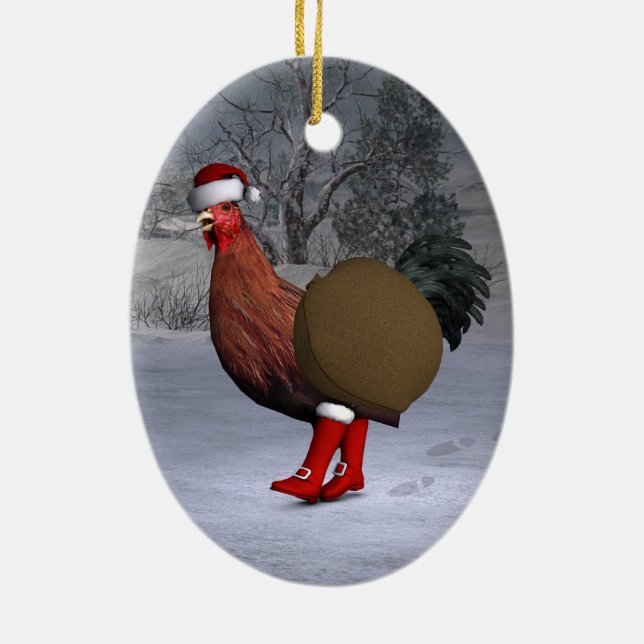 Brown Rooster Santa Claus Ceramic Ornament (Back)