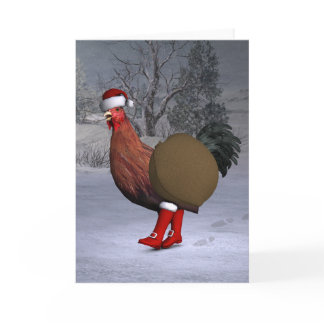 Brown Rooster Santa Claus Holiday Card