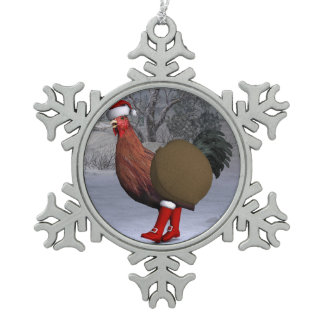Brown Rooster Santa Claus Snowflake Pewter Christmas Ornament