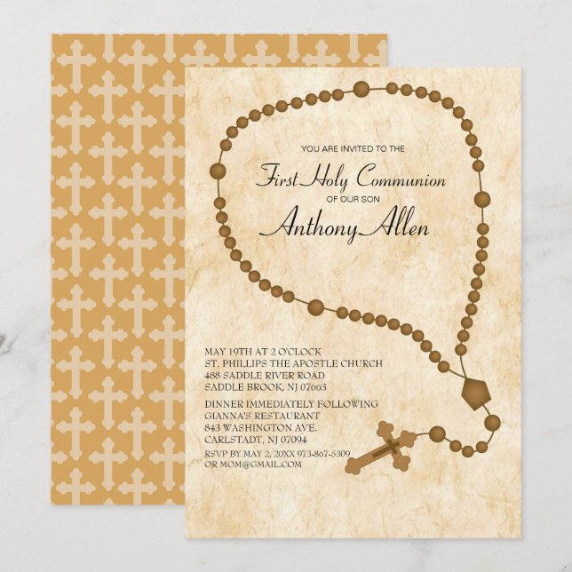 Brown Rosary Beads First Holy Communion Invitation (Front/Back)