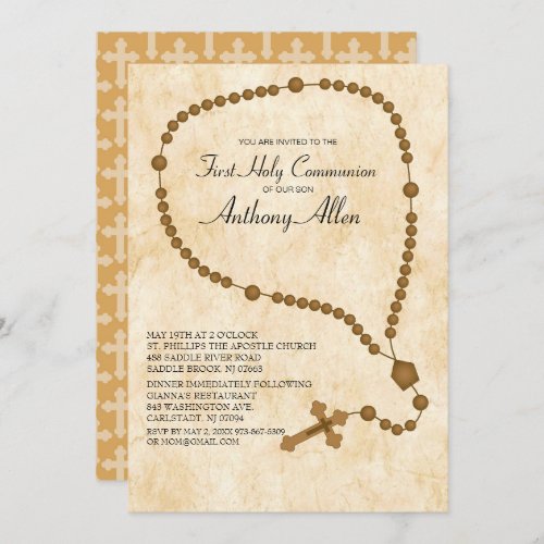 Brown Rosary Beads First Holy Communion Invitation