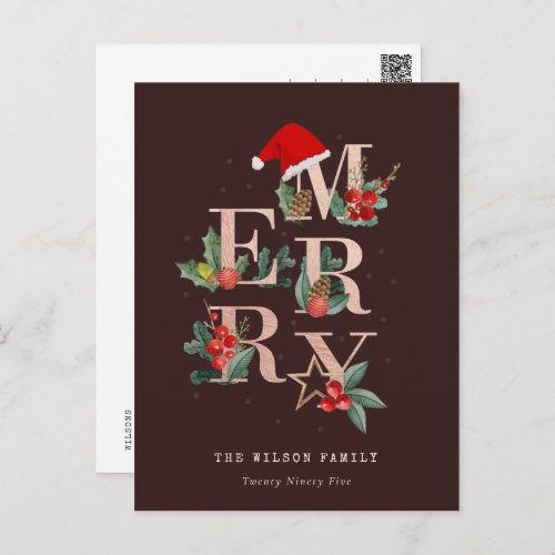 Brown Rose Gold Green Red Merry Christmas Foliage Holiday Postcard