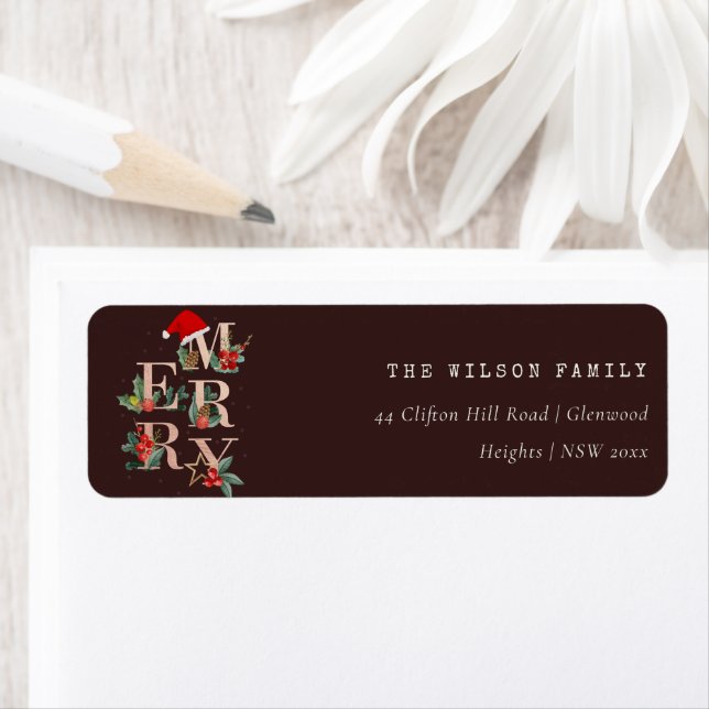 Brown Rose Gold  Merry Christmas Foliage Address Label (Insitu)