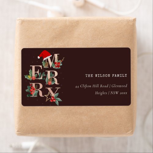 Brown Rose Gold  Merry Christmas Foliage Address Label