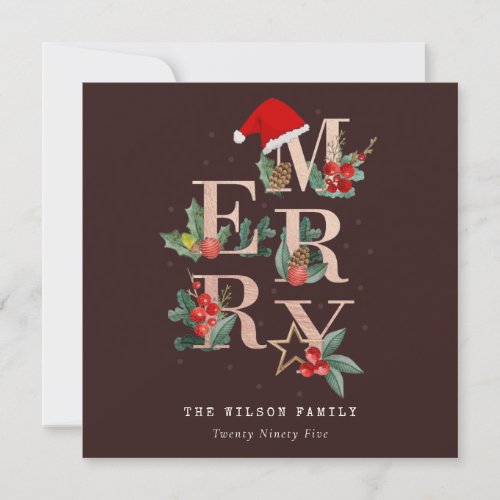 Brown Rose Gold Red Green Merry Christmas Foliage Holiday Card