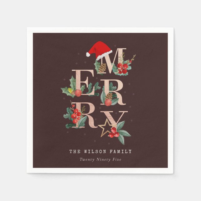Brown Rose Gold Red Green Merry Christmas Foliage Napkins (Front)