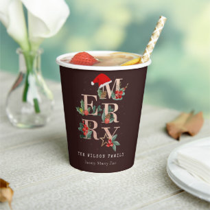 Brown Rose Gold Red Green Merry Christmas Foliage Paper Cups