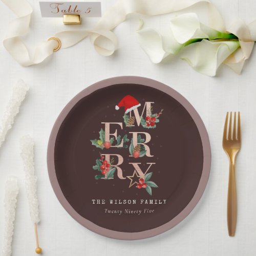 Brown Rose Gold  Red Green Merry Christmas Foliage Paper Plates