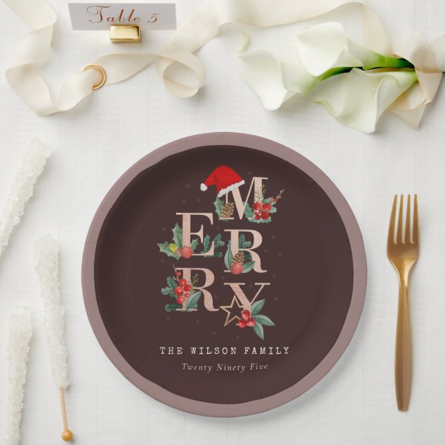 Brown Rose Gold  Red Green Merry Christmas Foliage Paper Plates (Wedding)