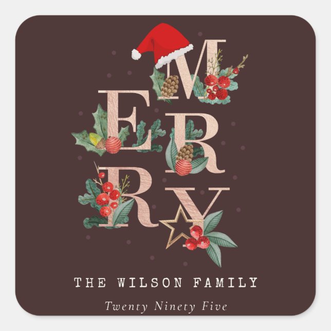 Brown Rose Gold Red Green Merry Christmas Foliage Square Sticker (Front)