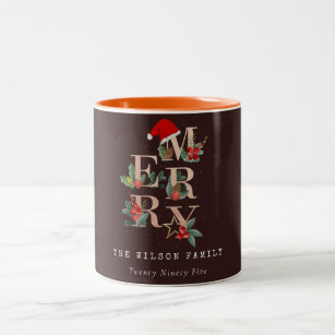 Brown Rose Gold Red Green Merry Christmas Foliage Two-Tone Coffee Mug