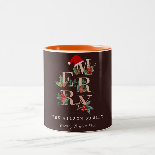 Brown Rose Gold Red Green Merry Christmas Foliage Two-Tone Coffee Mug (Center)