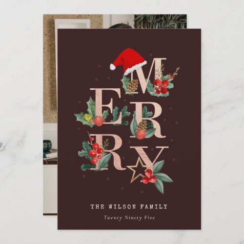 Brown Rose Gold Red Merry Christmas Foliage Photo Holiday Card