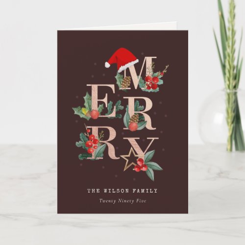 Brown Rose Gold  Red Merry Christmas Foliage Photo Holiday Card