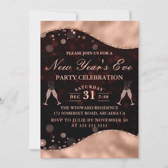 Brown & Rose Gold Wave Border New Year's Eve Party Invitation (Front)