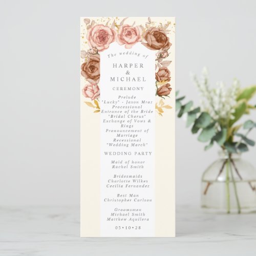 Brown roses blush pink gold wedding program