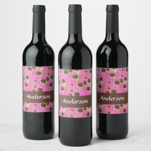 Brown roses on pink wine label