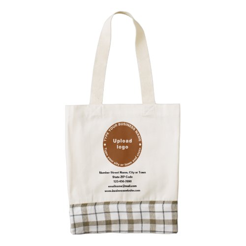 Brown Round Business Brand on Tote Bag With Plaid