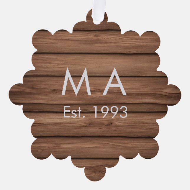 Brown rustic boho add name letter year date text ornament card (Front)