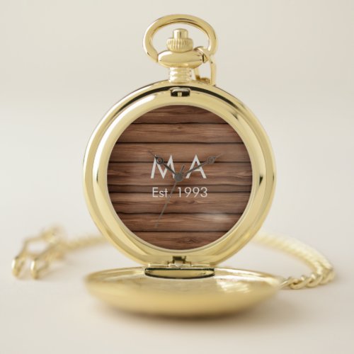 Brown rustic boho add name letter year date text pocket watch