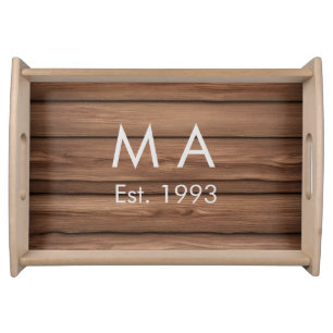 Brown rustic boho add name letter year date text serving tray