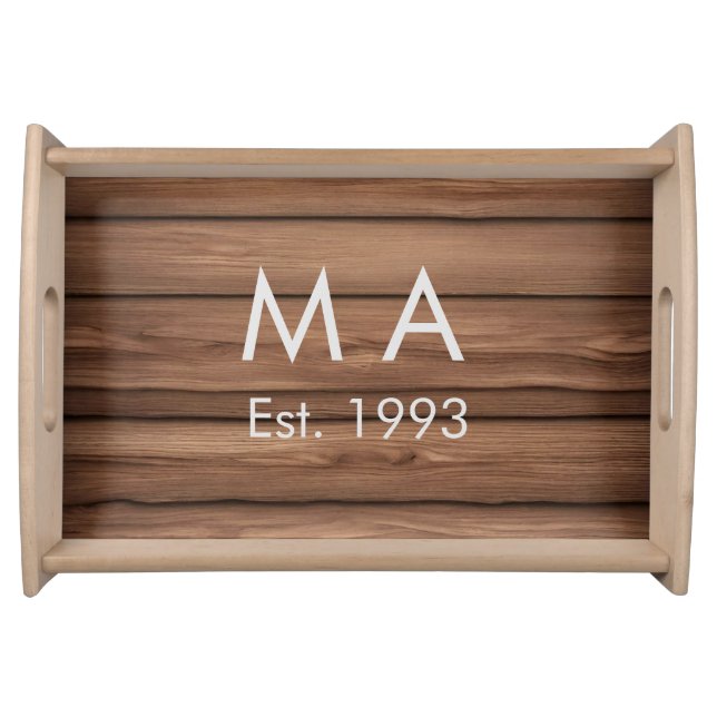 Brown rustic boho add name letter year date text serving tray (Front)
