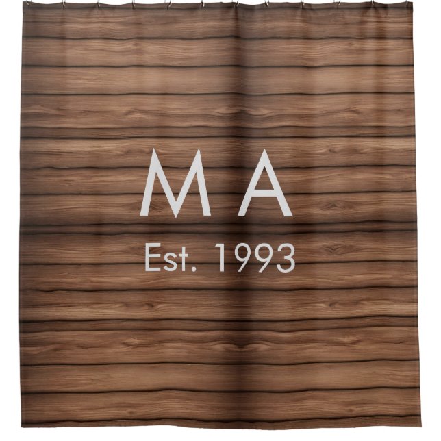 Brown rustic boho add name letter year date text shower curtain (Front)