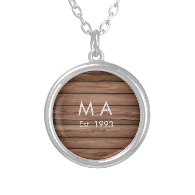 Brown rustic boho add name letter year date text silver plated necklace (Front)