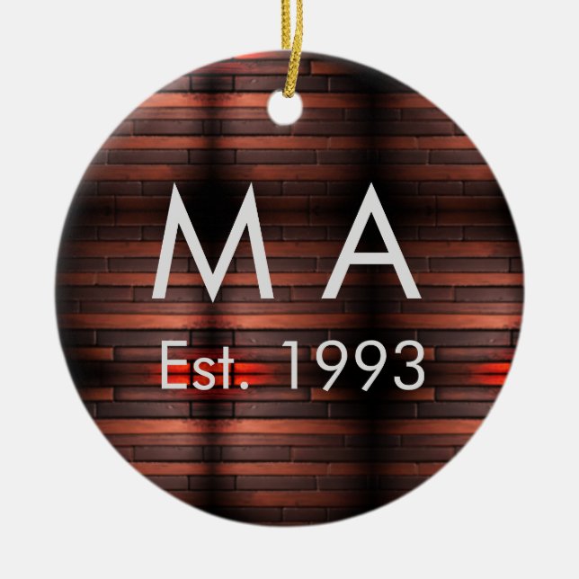 Brown rustic brick stone add name letter year date ceramic ornament (Front)