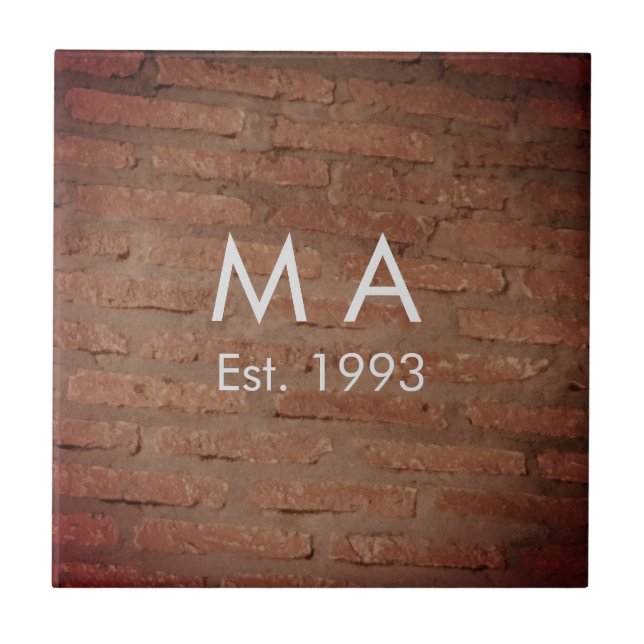 Brown rustic brick stone add name letter year date ceramic tile (Front)