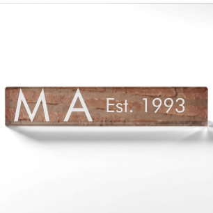 Brown rustic brick stone add name letter year date desk name plate