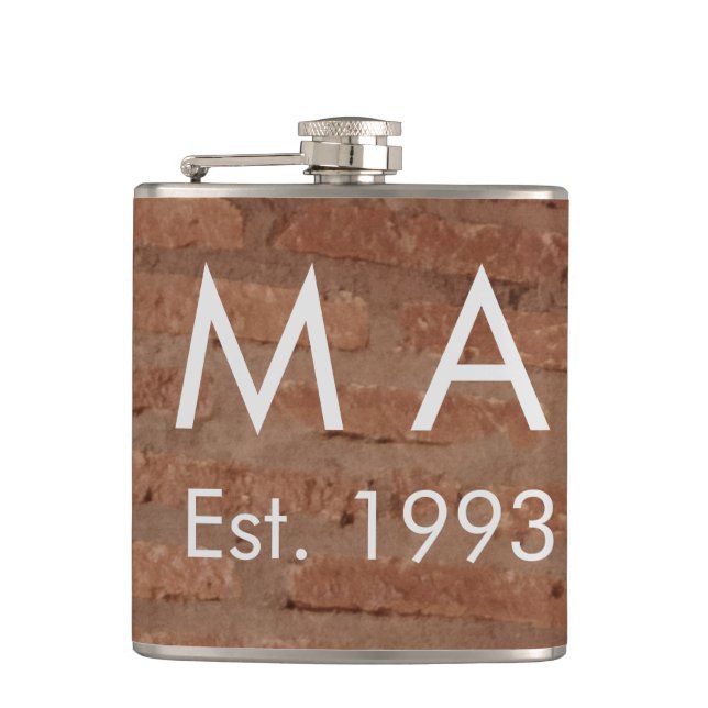 Brown rustic brick stone add name letter year date flask (Front)