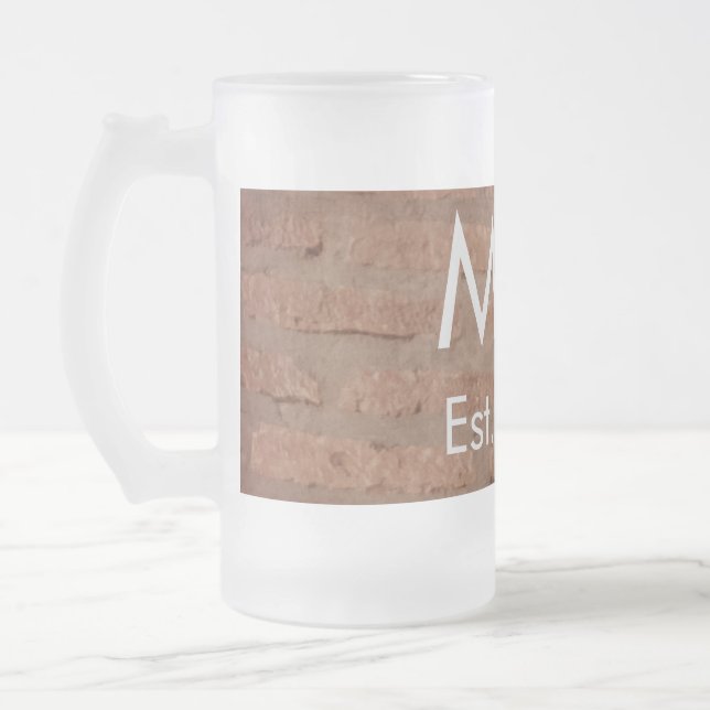 Brown rustic brick stone add name letter year date frosted glass beer mug (Left)