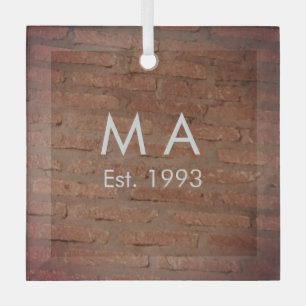 Brown rustic brick stone add name letter year date glass ornament